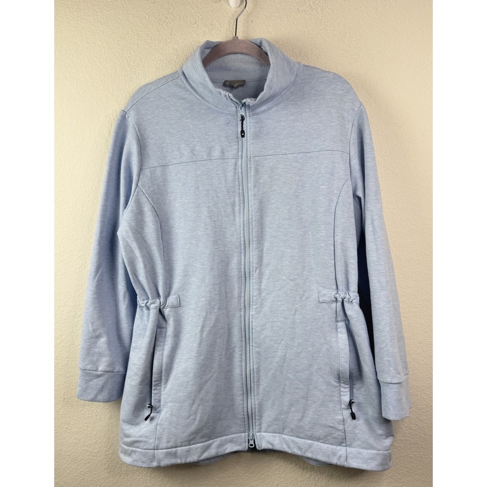 T by Talbots Brushed Terry Zip Up Jacket Womens 1X Light Blue Longline Outdoor